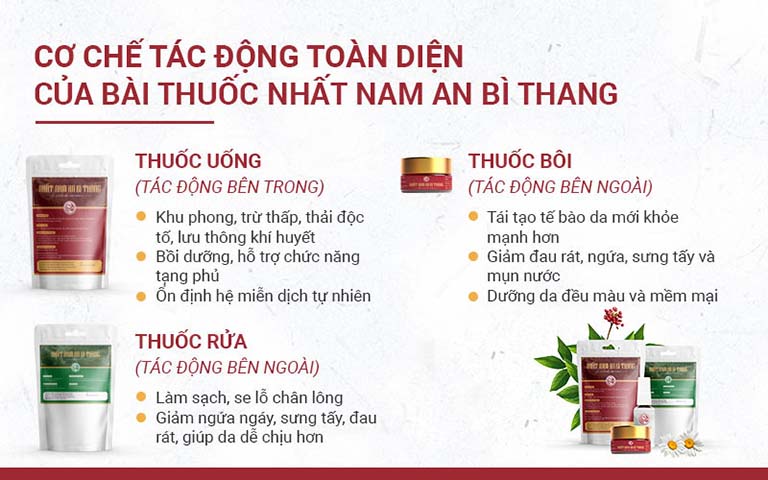 3 chế phẩm của Nhất Nam An Bì Thang bao gồm: Thuốc uống, thuốc bôi ngoài và thuốc ngâm rửa